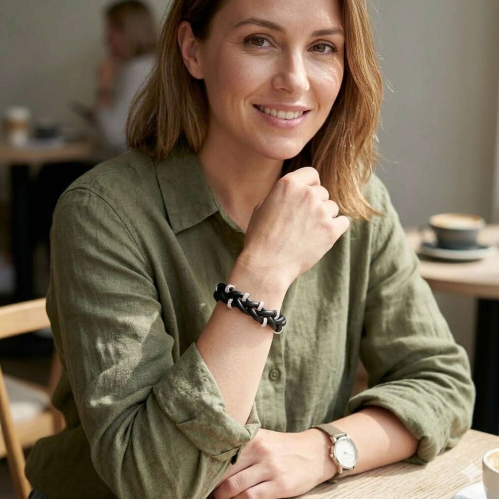 Women Black Braided Leather Bracelet with Crystal Accents  Casual Style